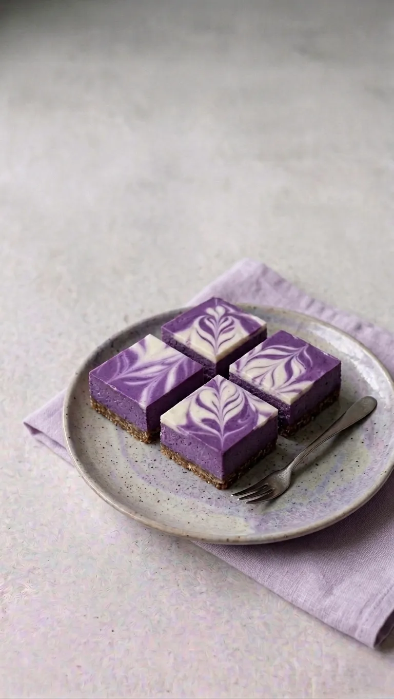 Štiri kocke vijoličnega ube cheesecakea z belim marmornim vzorcem, postrežene na keramičnem krožniku z lanenim prtičkom